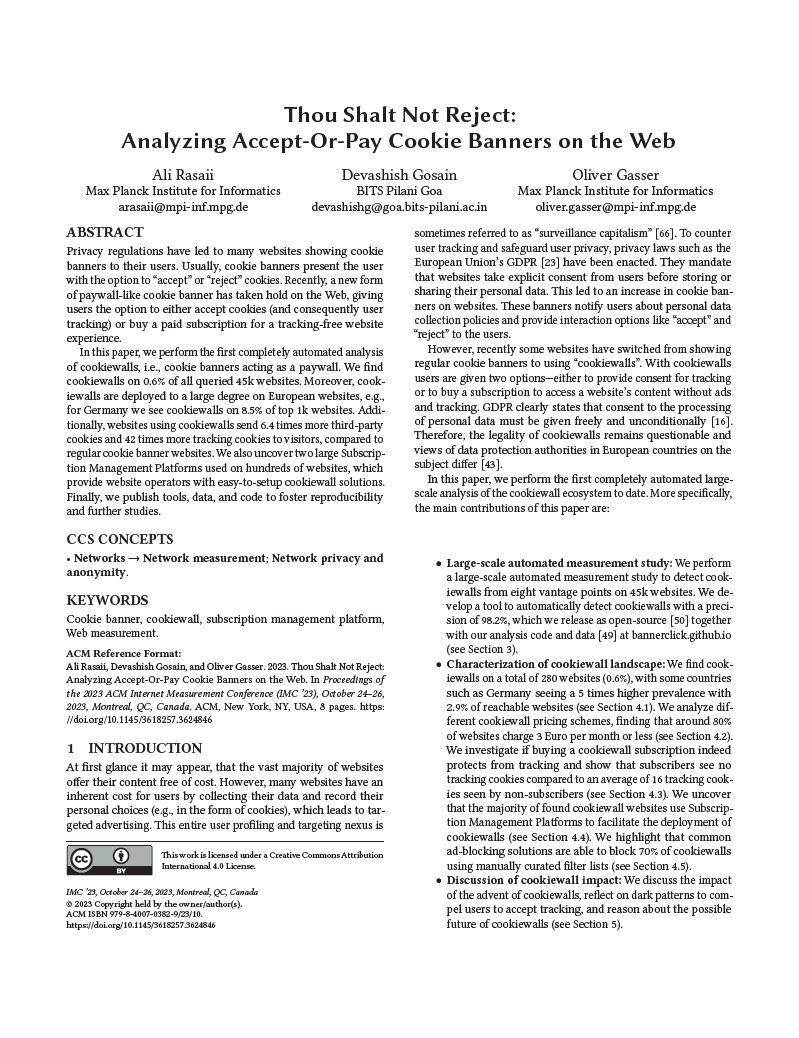 Thou Shalt Not Reject: Analyzing Accept-Or-Pay Cookie Banners on the Web