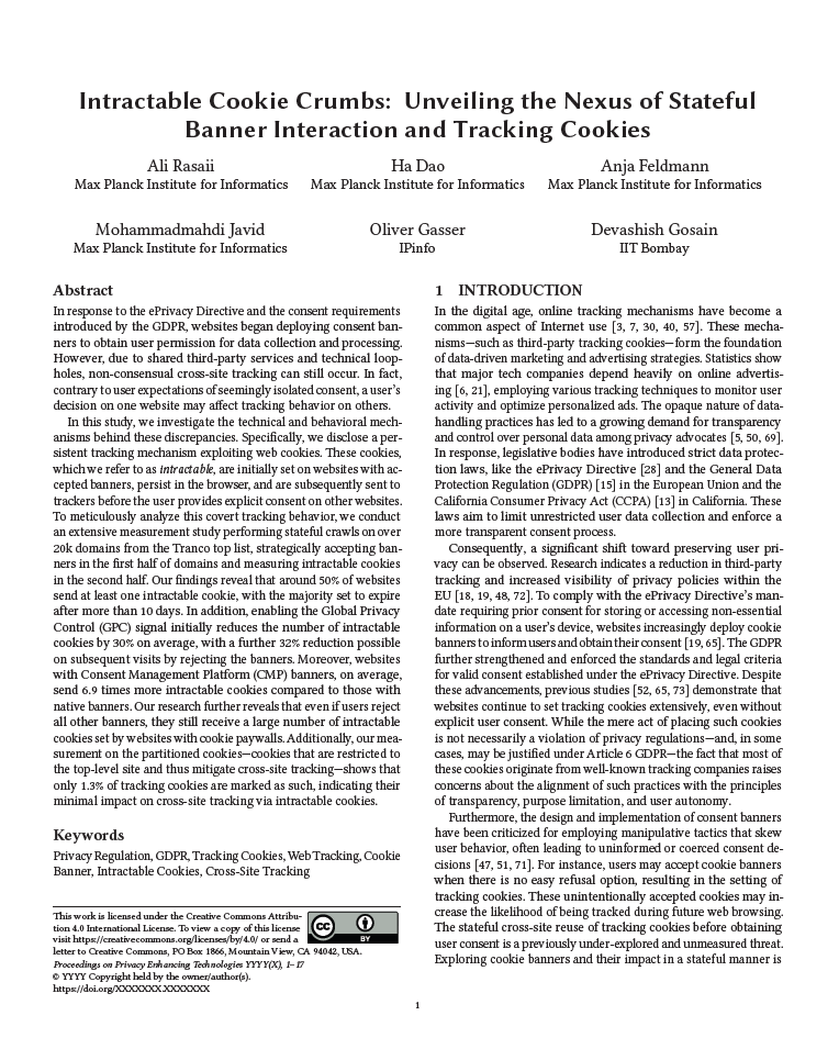 Intractable Cookie Crumbs: Unveiling the Nexus of Stateful Banner Interaction and Tracking
                            Cookies